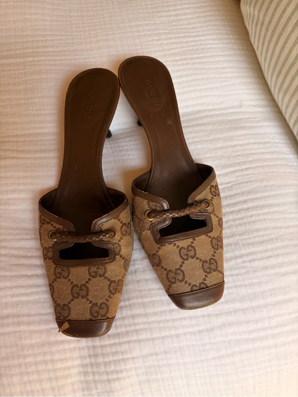 Vintage Gucci Canvas Mules Braided Detail Kitten Heel Size 38 / 8 - Picture 3 of 4